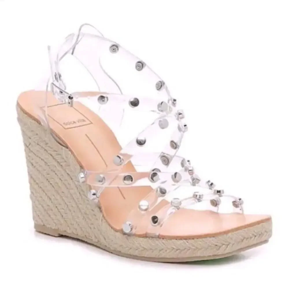 Dolce Vita | Maxton Espadrille Wedge Sandals Square Toe Studded Clear Straps 8.5